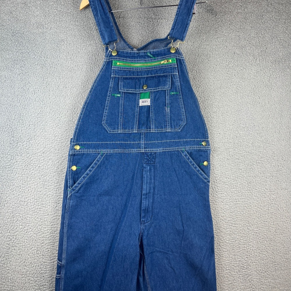 Liberty Mens Blue Denim Bib Overalls Green Zipper Workwear 34x30